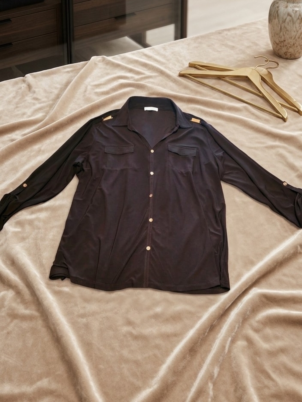 Madison Black Long-Sleeve Button-Down Shirt with Shoulder Tabs
